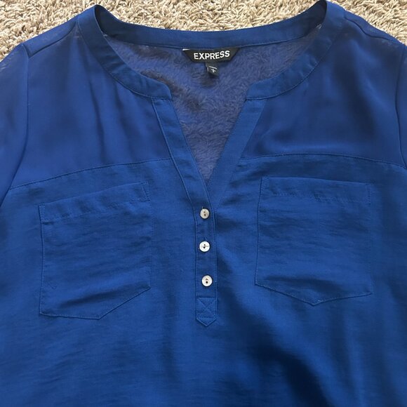 Express Portofino Style 3/4 Sleeve V-neck Chiffon Blouse, Blue, Large - Picture 3 of 6